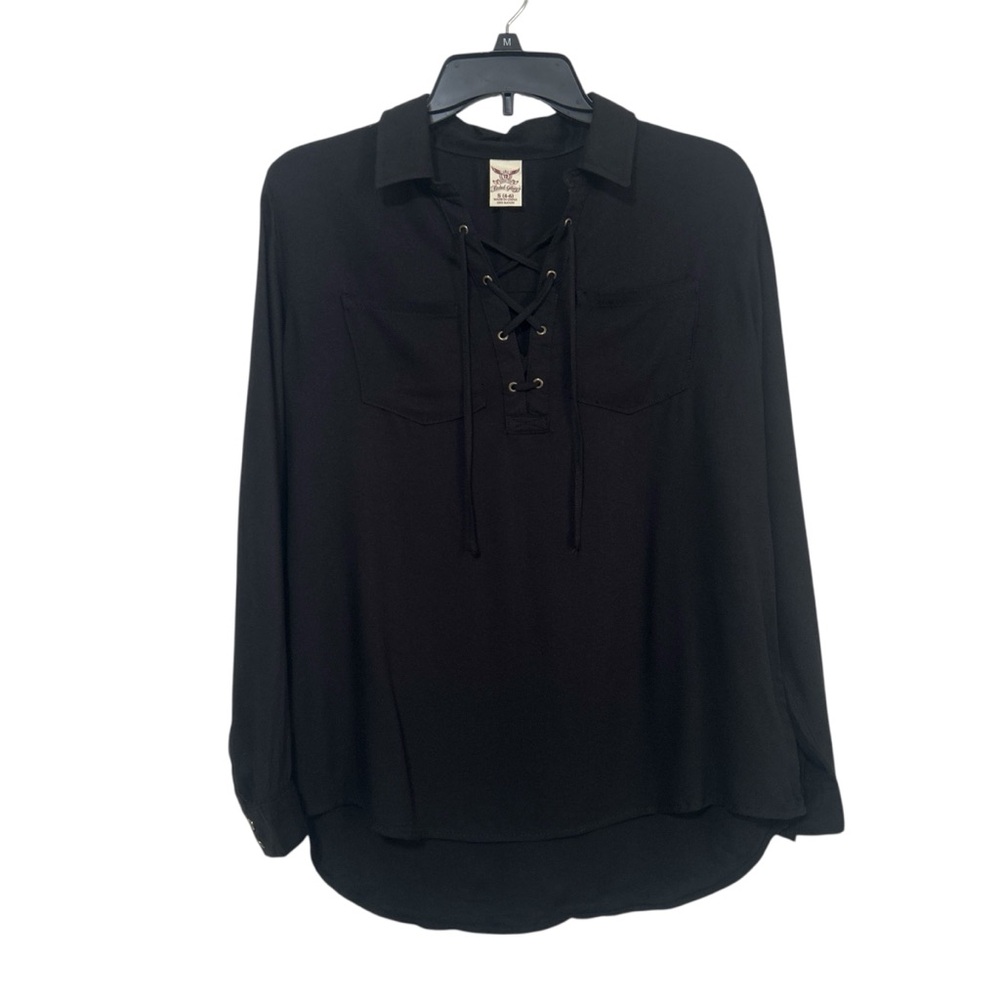 Faded Glory Black Soot Lace Up V-Neck Long Sleeve Rayon Blouse Small 4-6